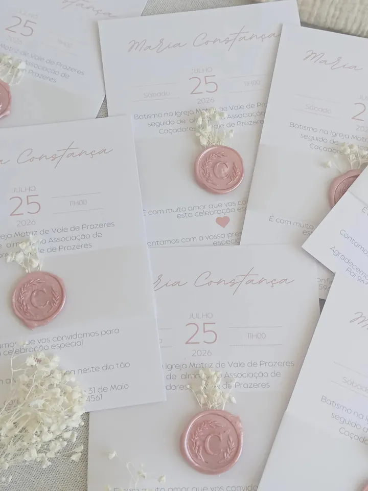 Convites de batismo personalizados, com selo de lacre