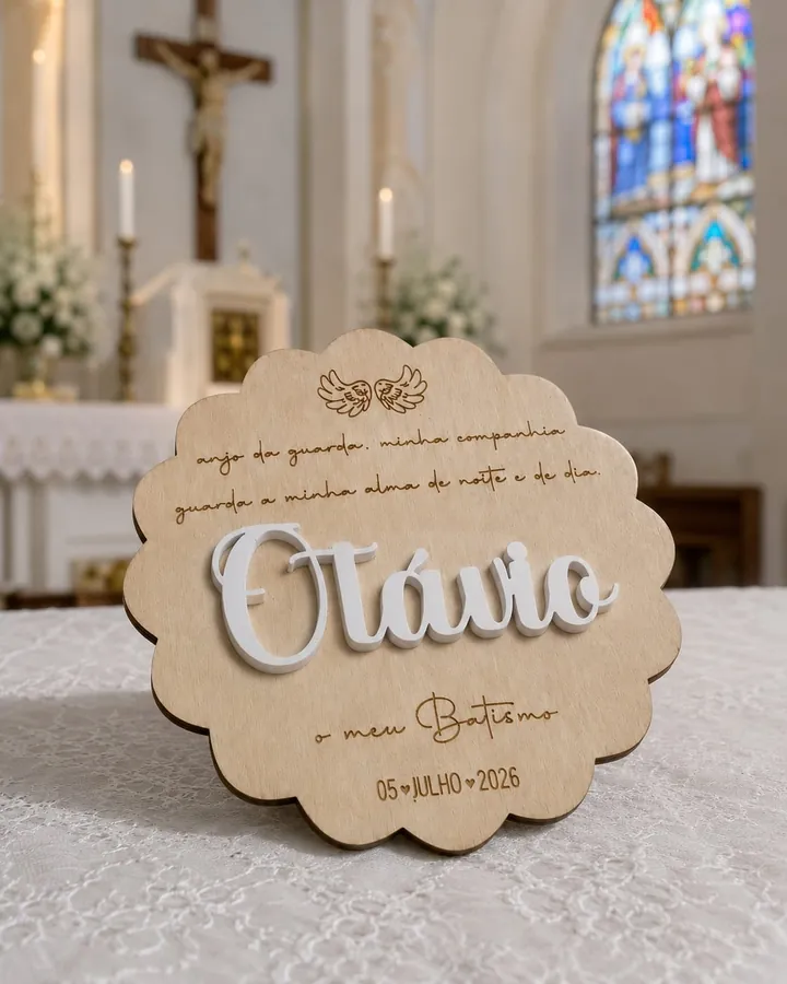 Lembrança de madeira recortada com o nome Otávio em acrílico branco, numa igreja