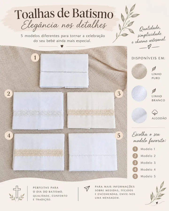 Quadro com os cinco modelos de toalha de batismo