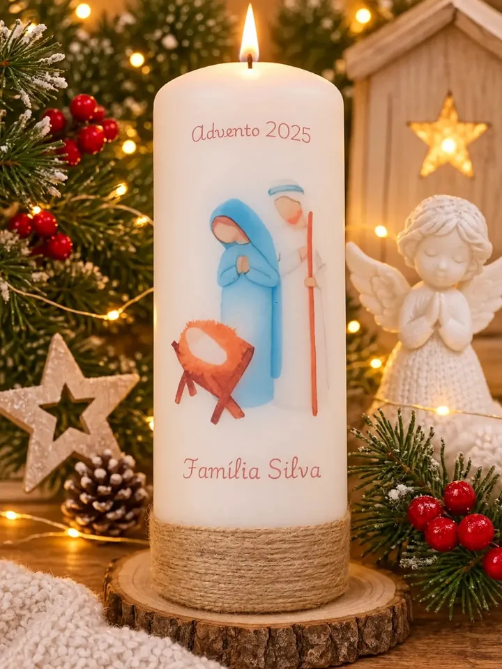 Vela do Advento com o presépio e o nome da família, junto à árvore de Natal