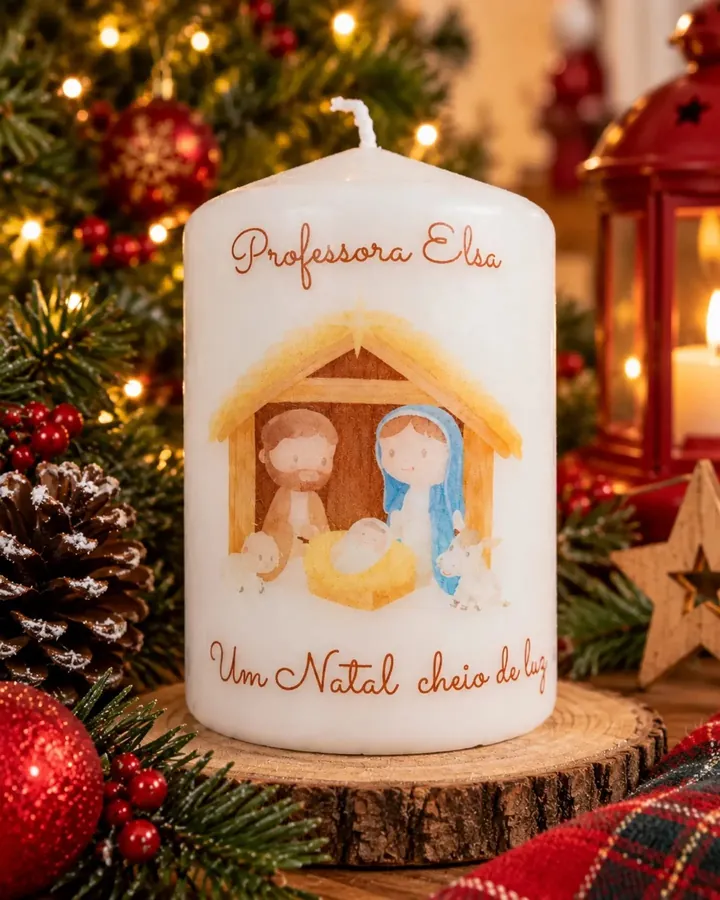 Vela de Natal com o presépio ilustrado e o nome da professora
