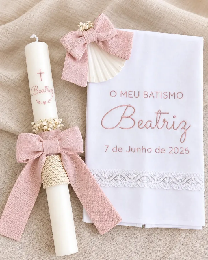 Vela e toalha de batismo em rosa, com flores secas, para a Beatriz